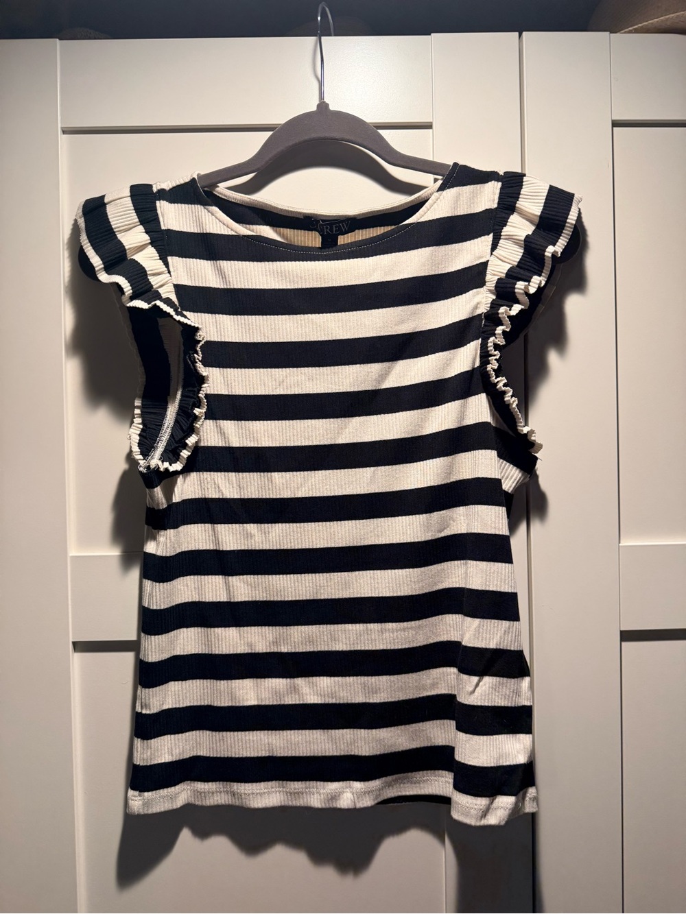 J.Crew Black and Cream Striped Ruffle-Edge Tank